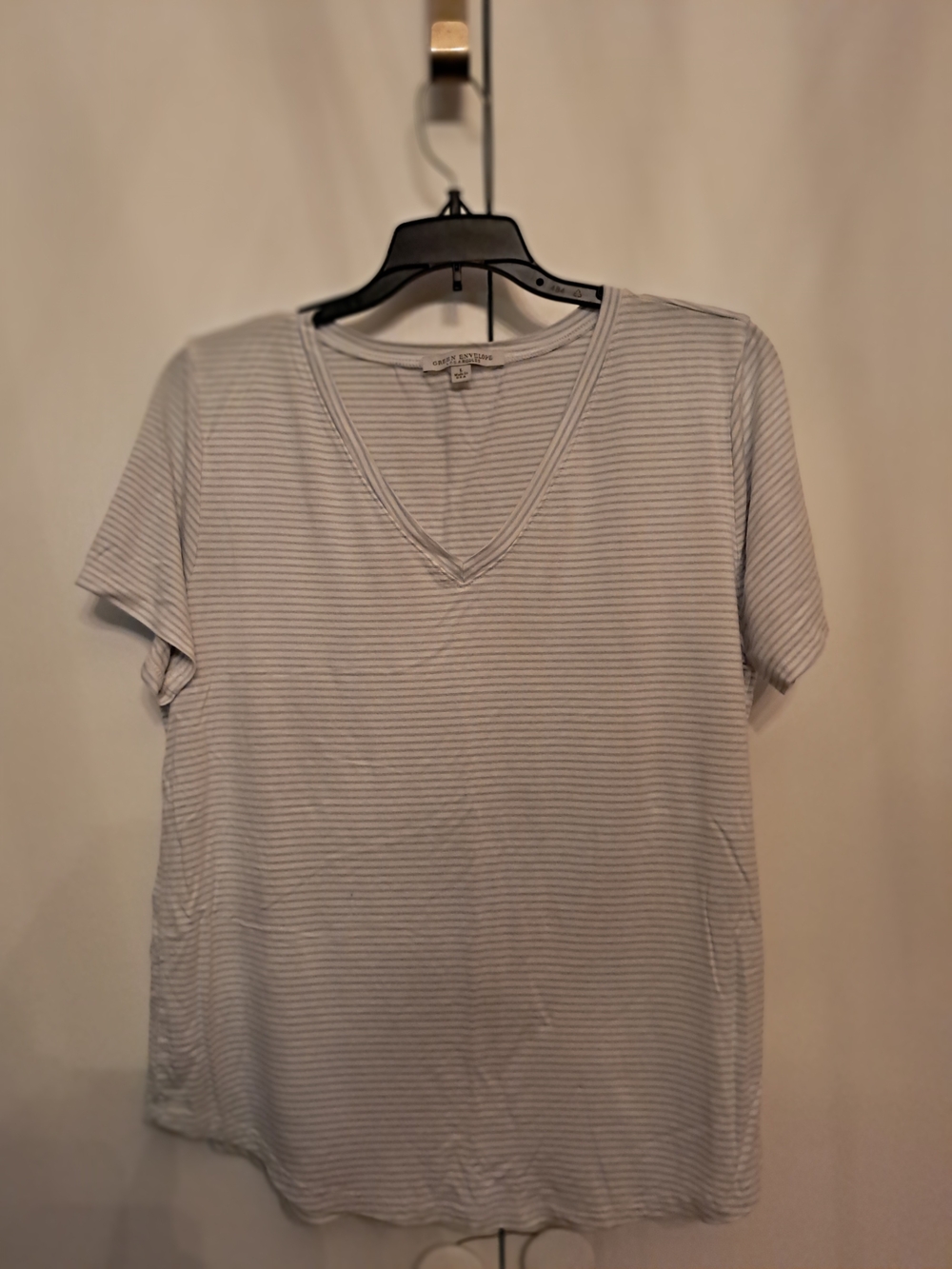 Green Envelope Women's V-Neck Short Sleeve Tee in Light Gray Stripe